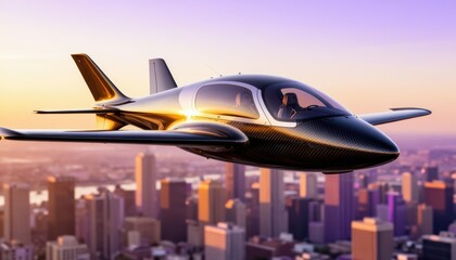 Fototapeta premium An eVTOL air taxi operates above a bustling city, showcasing modern transport. The air taxi glides smoothly, highlighting innovations in air travel technology.