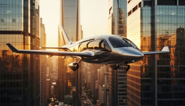 An eVTOL air taxi glides between skyscrapers, showcasing the evolving transport landscape. This air taxi offers a new view of urban mobility in modern cities.