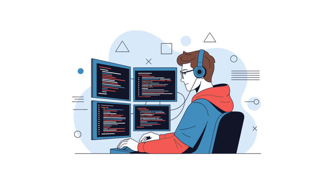 Programmer coding on multiple monitors, wearing headphones, modern illustration, tech concept