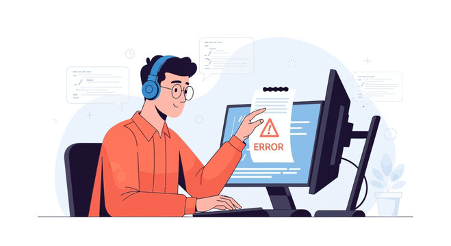 Programmer working on computer, encountering system error, modern illustration