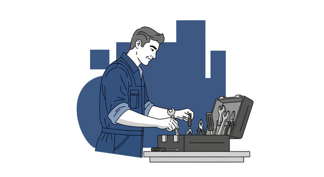 Skilled Mechanic With Tool Kit Illustration, Urban Service Concept
