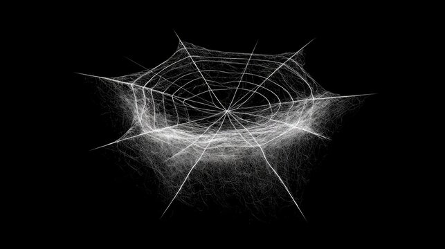 Intricate, delicate white spiderweb glistens against a stark black background