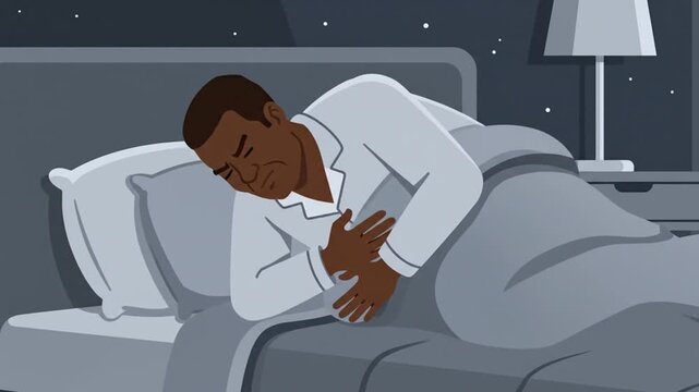 Man In Bed Experiencing Chest Pain or Discomfort, A Nighttime Medical Issue