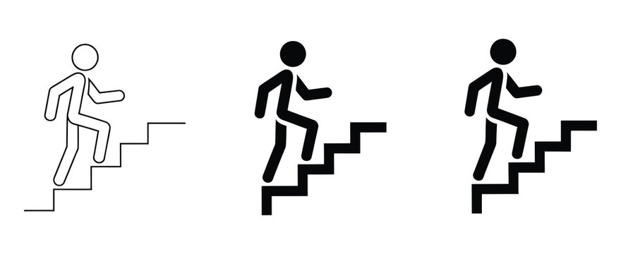 Stairs icon set with man on stairs and climbing staircase symbols, vector illustration for navigation