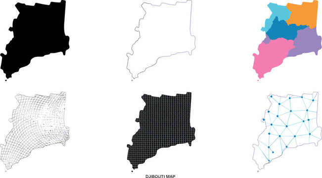 Djibouti map vector collection featuring solid silhouette outline administrative regions grid mesh and digital network connection styles for geographic data visualization