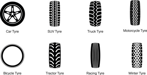 Automotive tire tread vector icon set including car suv truck motorcycle bicycle tractor racing and winter tyre patterns for transport maintenance © Md