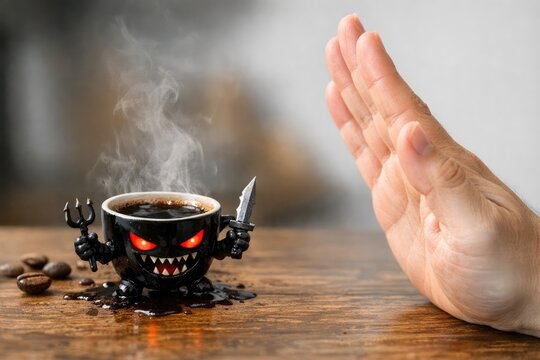 A close-up of a hand holding a cup of coffee with a demonic face printed or drawn on it