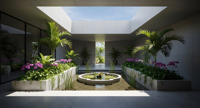 Modern minimalist courtyard with a central water feature, lush tropical plants, and purple orchids under a square skylight in a concrete building