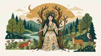 Obraz premium Enchanted Queen in Forest with Flora and Animal Companions