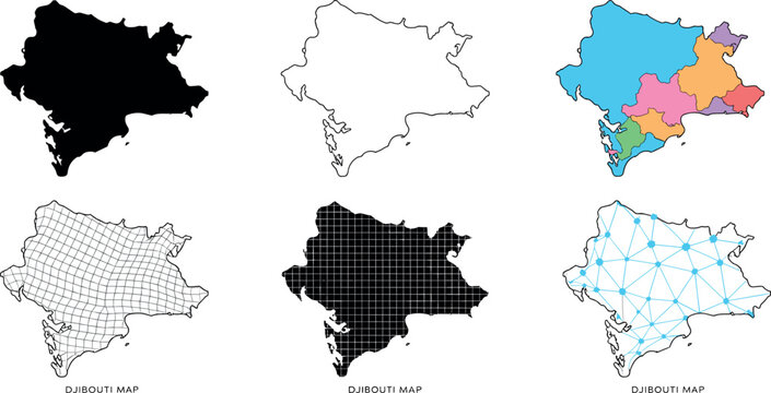 Djibouti map vector collection featuring solid silhouette outline administrative regions grid mesh and digital network connection styles for geographic data visualization