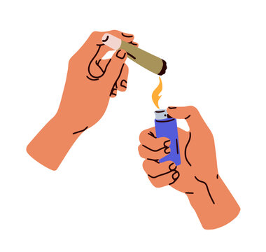 Hand holding cannabis joint and lighter. Smoker lighting rolling paper cigarette with marijuana, hemp weed, tobacco. Lit cig for smoking. Flat vector illustration isolated on a white background