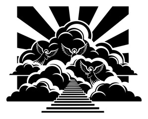 Fototapeta premium Stairway to heaven with angels and divine sunrays among clouds spiritual afterlife illustration