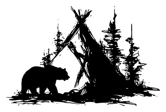 Wild grizzly bear near tipi tent in forest wilderness camping and outdoor adventure illustration