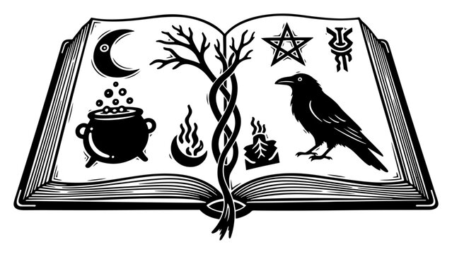 Magical grimoire open book with occult symbols raven cauldron and moon vintage engraving