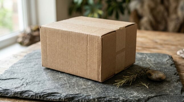 A closed brown cardboard box, sealed with tape, rests on a textured dark slate slab. Rustic herbs and a small stone garnish the surface, with soft natural light illuminating the scene.
