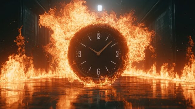 Large wall clock engulfed in bright orange flame fire burning intensely on reflective dark surface with black background in dramatic night scene