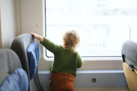 Rear view of girl looking through train window
