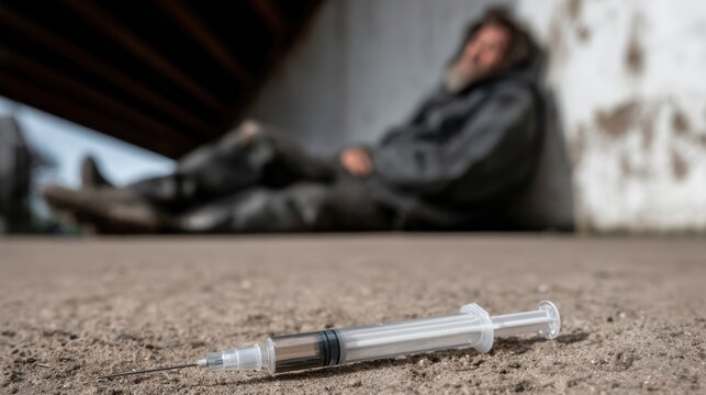 Abandoned syringe on rough concrete ground with blurred figure of person sitting against wall showing addiction and drug abuse problem in urban environment