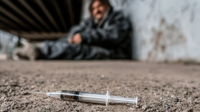 Abandoned syringe on ground under bridge with blurred person sitting in background symbolizing drug addiction and urban homelessness crisis in gritty environment