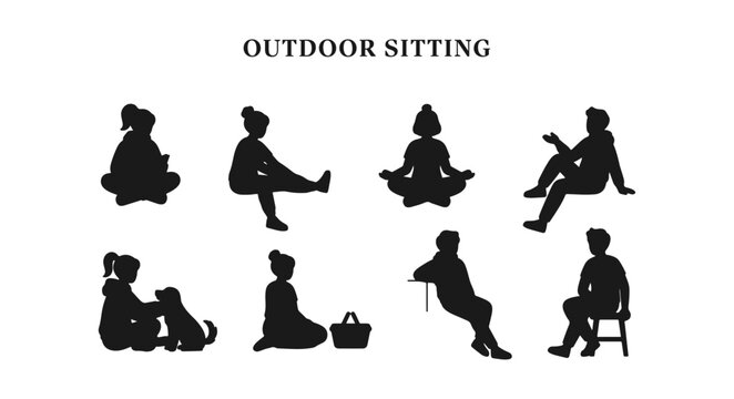 Top View Architectural CAD Blocks of Outdoor Sitting People Silhouettes, Black Vector Entourage Figures for Park Plans, Landscape, and Garden Layouts