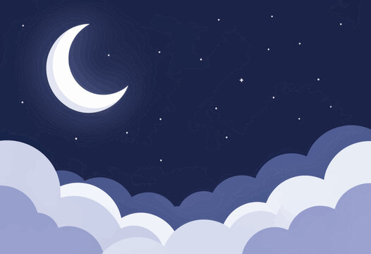 Crescent Moon over Stylized Night Sky with Starry Background Illustration
