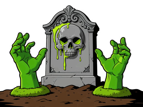 Green Hand Holding Stone with Spooky Skull in Dark Environment Vector Illustration