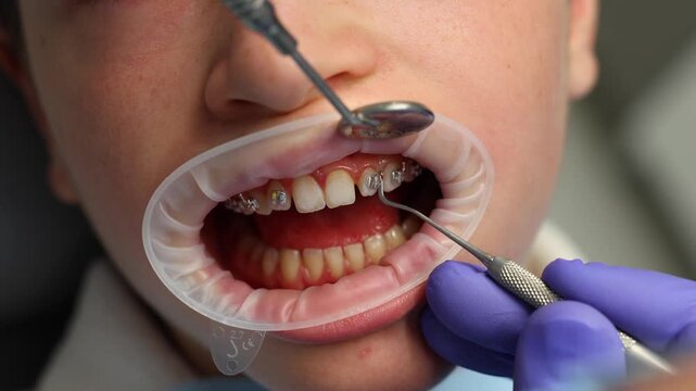 Orthodontist putting elastic bands on teenage girl's braces