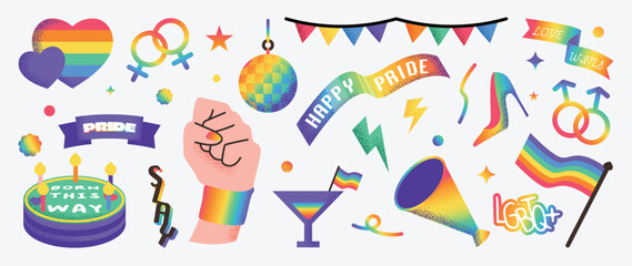 Fototapeta na wymiar Pride month sticker elements with rainbow hearts, gender symbols, disco ball, fist, megaphone, flag, banner, cake, cocktail, high heel, snake and love wins typography vector set.