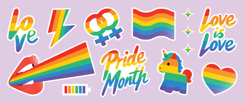 Pride month sticker elements with rainbow unicorn, lips, flags, gender symbols, heart, lightning bolt, love typography and pride lettering vector set.