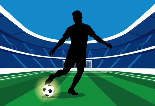 Silhouette of a Soccer Player Kicking Ball in Large Stadium Arena Photograph