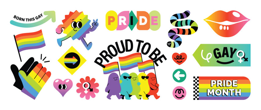 Pride month sticker elements with rainbow flag, born this gay arrow, colorful characters, lips, heart, eye, snake, hands, symbols and typography vector set.