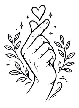 Hand drawn illustration of a finger heart gesture depicting love and affection for romantic designs