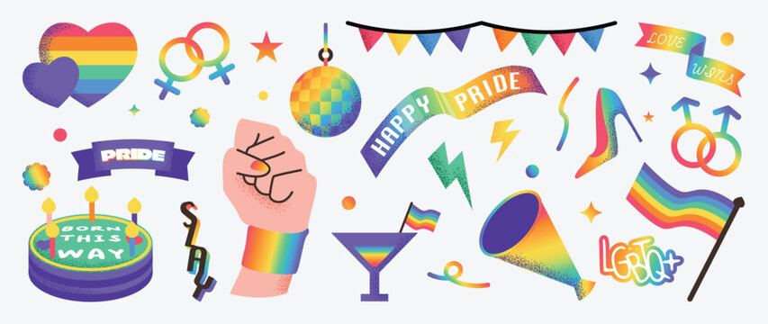 Pride month sticker elements with rainbow hearts, gender symbols, disco ball, fist, megaphone, flag, banner, cake, cocktail, high heel, snake and love wins typography vector set.
