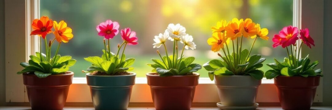 Vibrant spring primroses in colorful pots brighten a sunlit windowsill , flora, potted plants, bright