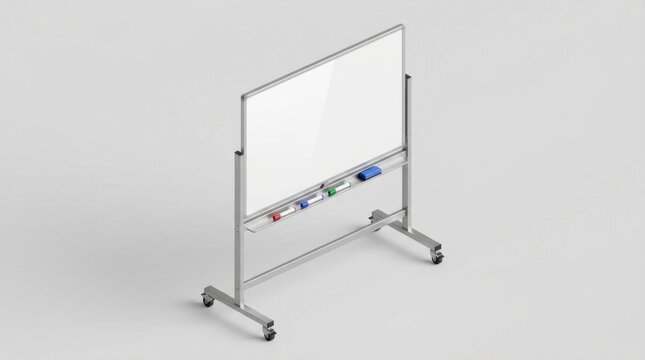 A mobile double-sided whiteboard with markers and an eraser. It is mounted on a silver metal frame with wheels for easy portability, suitable for presentations and brainstorming.