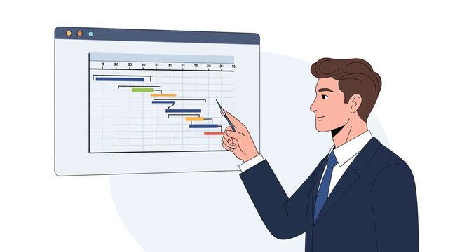 Business man pointing at Gantt chart on screen, project management, planning, strategy