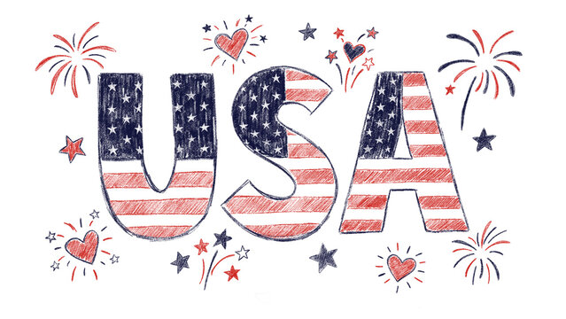 USA Patriotic Text Design with American Flag Pattern, Fireworks and Hearts. For 4th of July and Independence Day celebrations. Hand-drawn chalk style USA letters