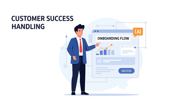 Business man shows onboarding flow with success graph and AI integration