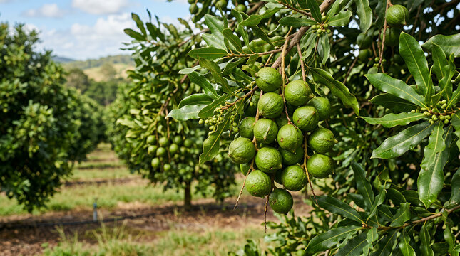 Green macadamia nuts growing on a tree branch in a lush farm background