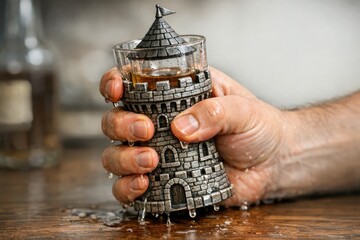 Fototapeta premium A person holds a glass with a detailed castle design on the side, suitable for use in advertising or editorial contexts