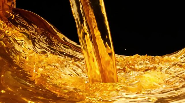 Thick liquid gold flowing steadily like a river, metallic fluid motion on black background