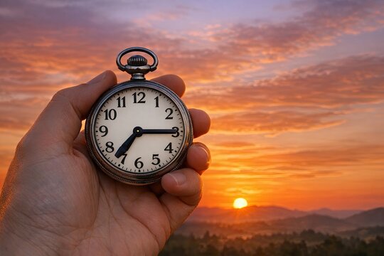 A person holding a stopwatch in front of a colorful sunset, perfect for sports or timing concepts