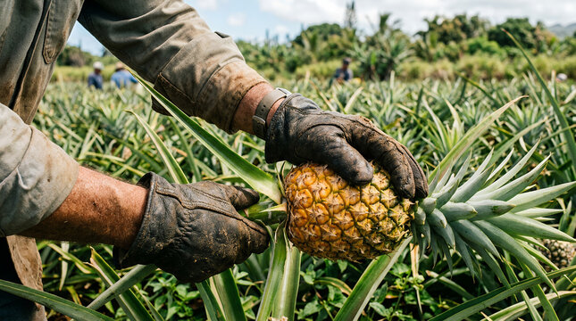 Farmers harvesting pineapple with joy in a tropical field