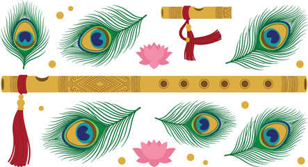 Lord Krishna Bansuri Flute and Peacock Feather Vector Set with Lotus Flowers and Golden Dots for Janmashtami Festival Graphic Greeting Card Designs © MstRozinaAkter