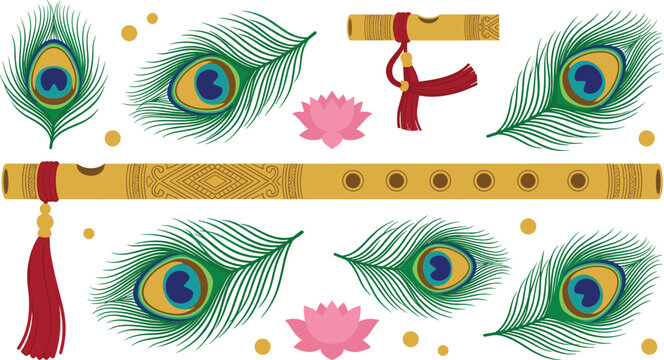 Lord Krishna Bansuri Flute and Peacock Feather Vector Set with Lotus Flowers and Golden Dots for Janmashtami Festival Graphic Greeting Card Designs