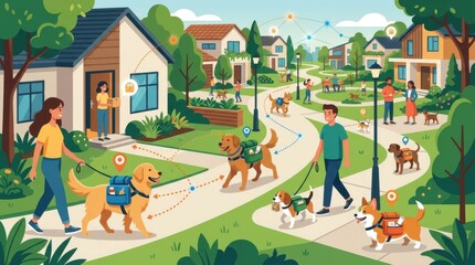 Fototapeta premium Dog Walking Service in a Friendly Neighborhood with Logistics Integration
