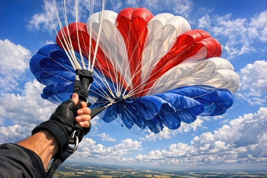 A person holds a parachute high above their head, ready for a jump