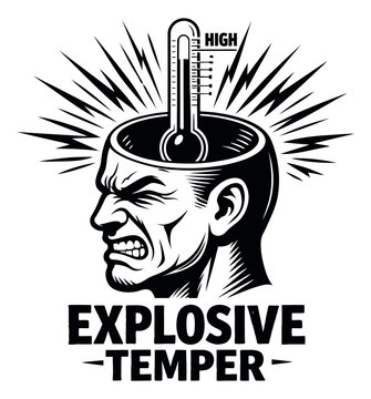 Line art illustration of a man's head with a thermometer depicting explosive temper for themes of anger and stress