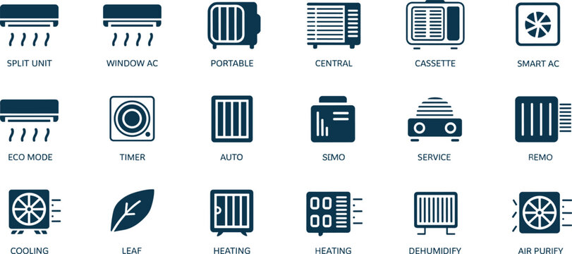 Air conditioning and HVAC icon set featuring split unit window portable central cassette smart eco mode heating cooling and dehumidify symbols