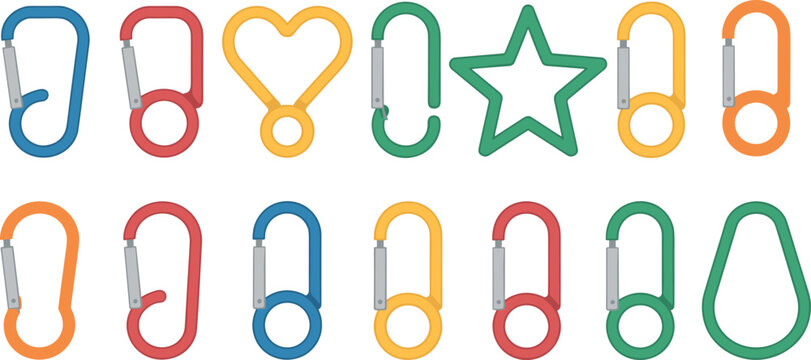 Colorful carabiner vector icon set featuring climbing hooks heart star shapes and keychain attachments for outdoor adventure travel and mountaineering equipment designs